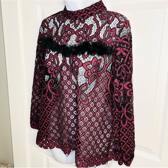 Dance & Marvel Lace Mockneck Open Back Feather Trim Blouse Maroon Black M - Picture 6 of 11